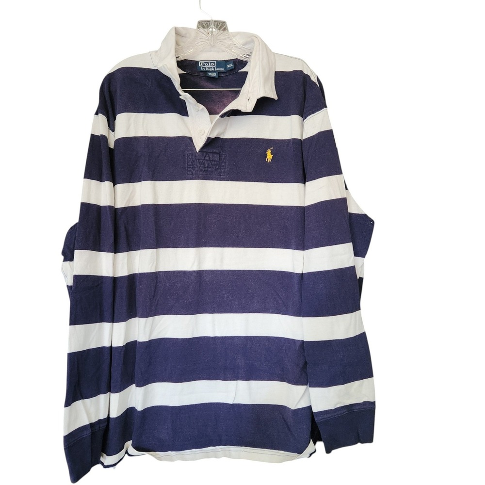 Vtg Polo Ralph Lauren Mens XXL Rugby Shirt Navy Blue White Striped Long Sleeve
